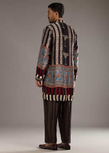 Black Modal Linen Kurta Jacket Set For Men With Hand Block Ajrakh Print