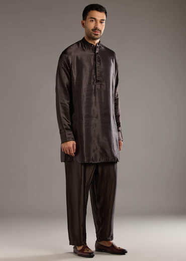 Black Modal Linen Kurta Jacket Set For Men With Hand Block Ajrakh Print