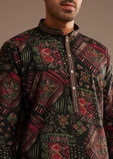 Black Multi Color Linen Abstract Printed Kurta Set