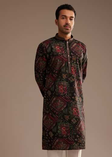 Black Multi Color Linen Abstract Printed Kurta Set