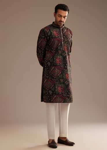 Black Multi Color Linen Abstract Printed Kurta Set