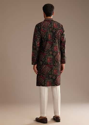 Black Multi Color Linen Abstract Printed Kurta Set