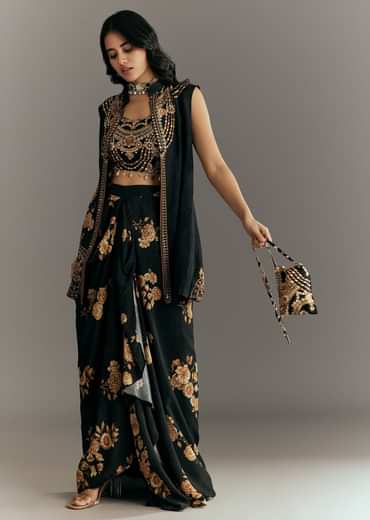 Black Muslin Croptop Set With Floral Printed Skirt Jacket