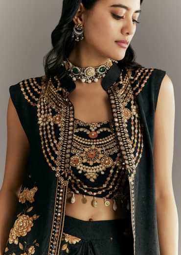 Black Muslin Croptop Set With Floral Printed Skirt Jacket