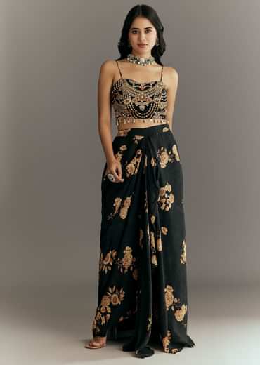 Black Muslin Croptop Set With Floral Printed Skirt Jacket