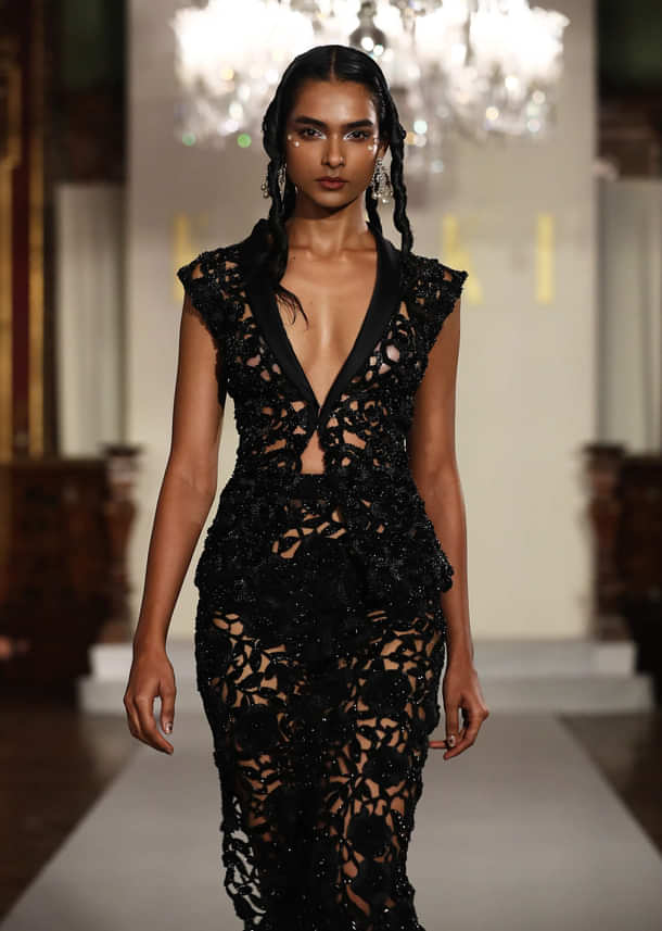 Black Net Bridal Gown With Cutwork Inspired Embroidery
