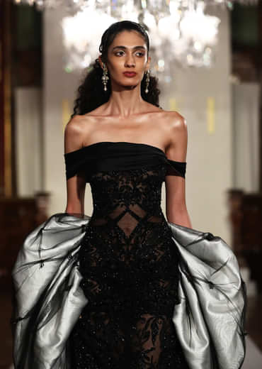 Black Net Embroidered Fishcut Gown With White Cape