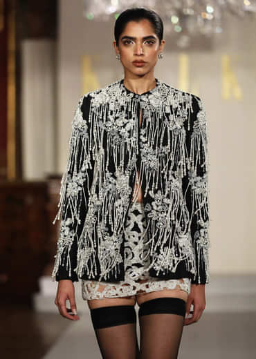 Black Net Indo Western Jacket And Skirt Set With Pearl Embroidery