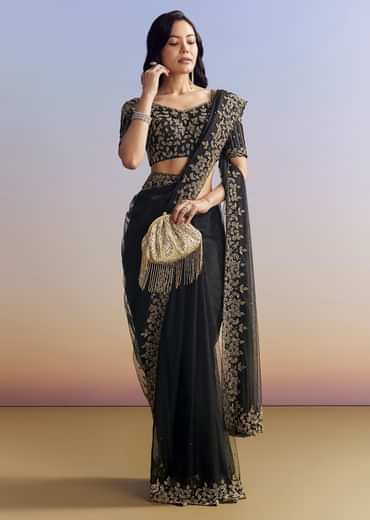 Black Net Saree With Embroidered Border