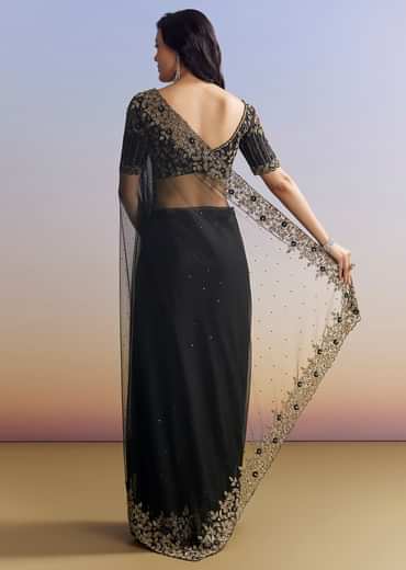 Black Net Saree With Embroidered Border