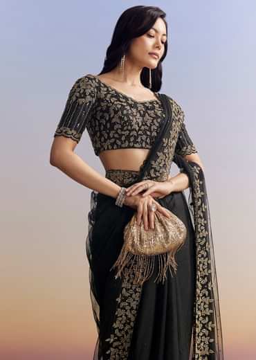 Black Net Saree With Embroidered Border