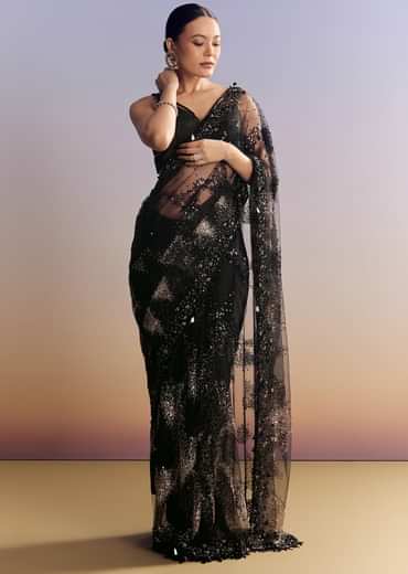 Black Net Saree With Golden Sequins And Cutdana Embroidery
