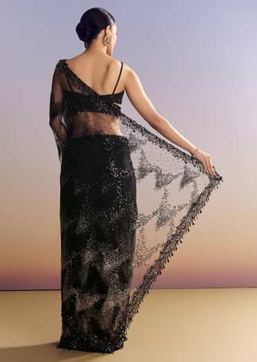 Black Net Saree With Golden Sequins And Cutdana Embroidery