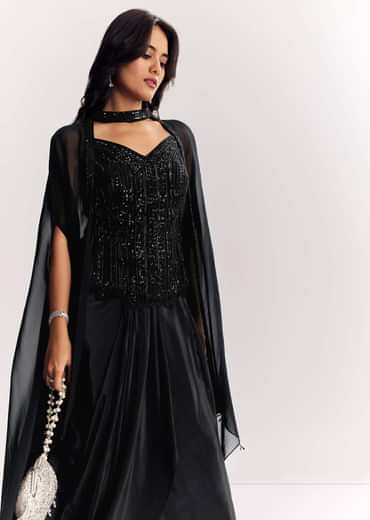 Black Organza Cape Suit With Sequins And Cutdana Embroidered Top