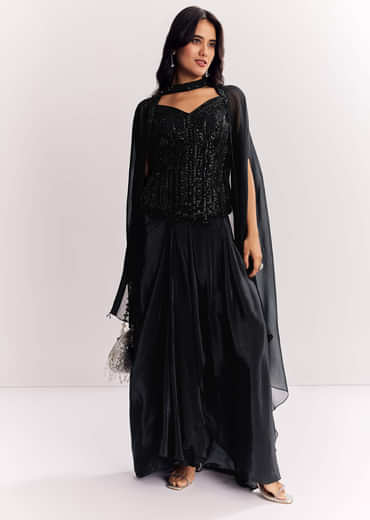 Black Organza Cape Suit With Sequins And Cutdana Embroidered Top