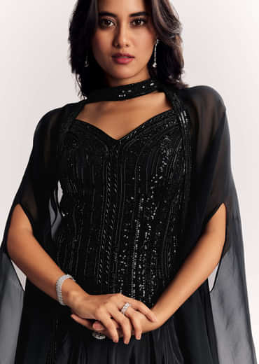 Black Organza Cape Suit With Sequins And Cutdana Embroidered Top