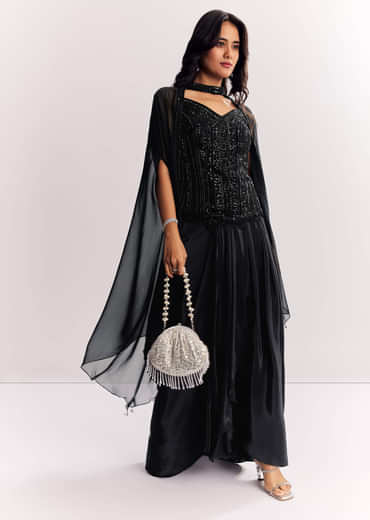 Black Organza Cape Suit With Sequins And Cutdana Embroidered Top