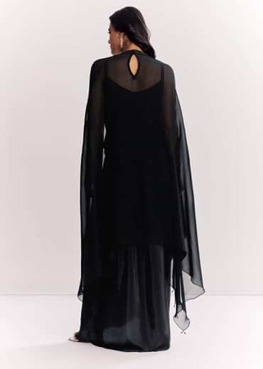 Black Organza Cape Suit With Sequins And Cutdana Embroidered Top