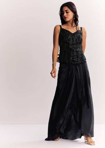 Black Organza Cape Suit With Sequins And Cutdana Embroidered Top