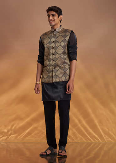 Black Organza Kurta Jacket Set With Self Embroidery