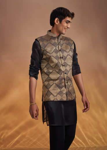 Black Organza Kurta Jacket Set With Self Embroidery