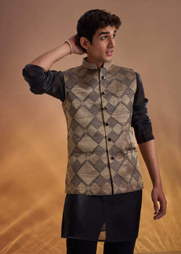Black Organza Kurta Jacket Set With Self Embroidery