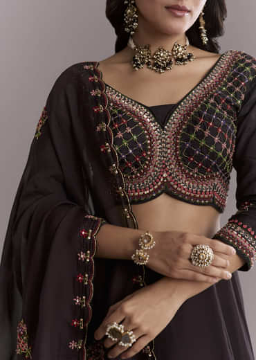 Black Organza Printed Bridesmaid Lehenga With Intricate Hand Embroidery