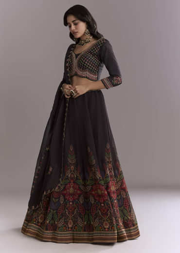 Black Organza Printed Bridesmaid Lehenga With Intricate Hand Embroidery