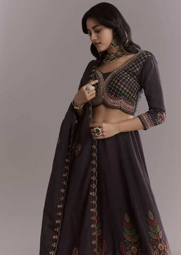 Black Organza Printed Bridesmaid Lehenga With Intricate Hand Embroidery