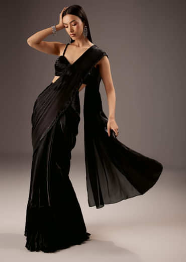 Black Organza Ready Pleated Saree
