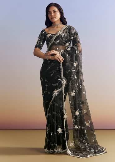 Black Organza Saree With All Over Floral Jaal Embroidery