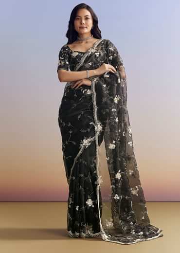 Black Organza Saree With All Over Floral Jaal Embroidery
