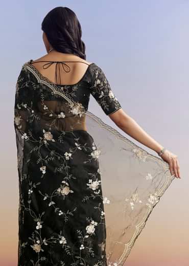 Black Organza Saree With All Over Floral Jaal Embroidery