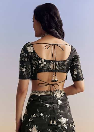 Black Organza Saree With All Over Floral Jaal Embroidery