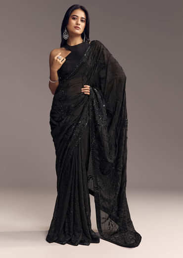 Black Organza Saree With Beaded Geometric Embroidery
