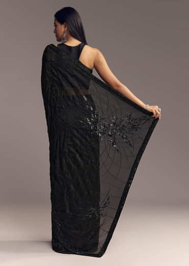 Black Organza Saree With Beaded Geometric Embroidery