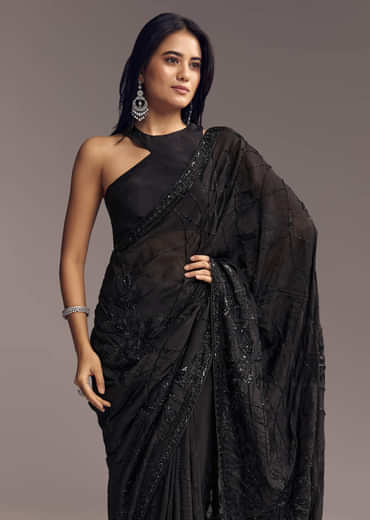 Black Organza Saree With Beaded Geometric Embroidery