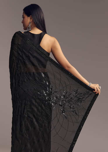 Black Organza Saree With Beaded Geometric Embroidery