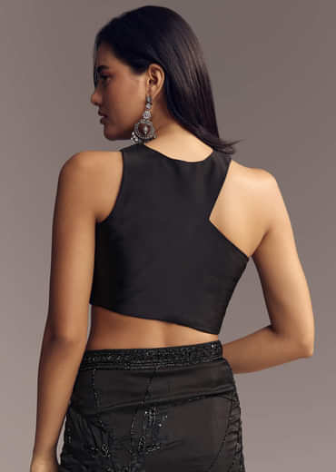 Black Organza Saree With Beaded Geometric Embroidery