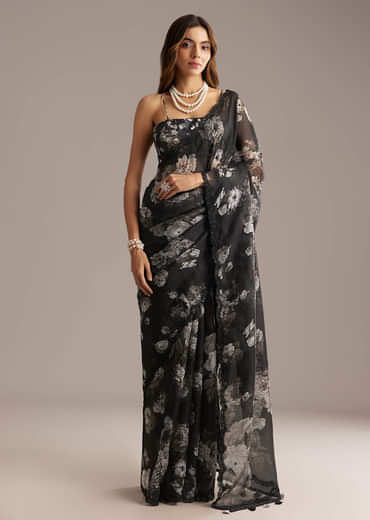 Black Organza Saree With Floral Print And Sequin Embroidery