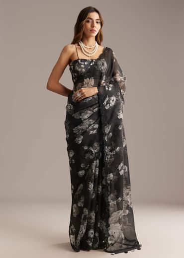 Black Organza Saree With Floral Print And Sequin Embroidery