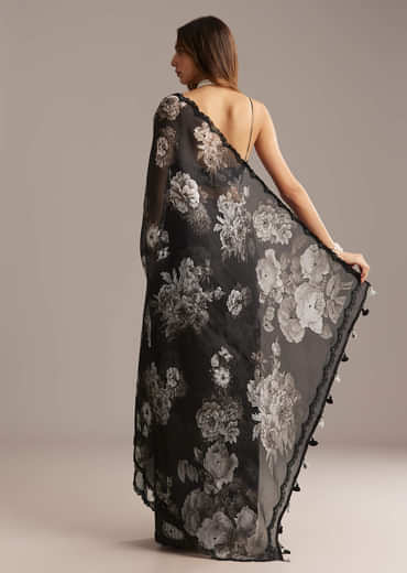Black Organza Saree With Floral Print And Sequin Embroidery
