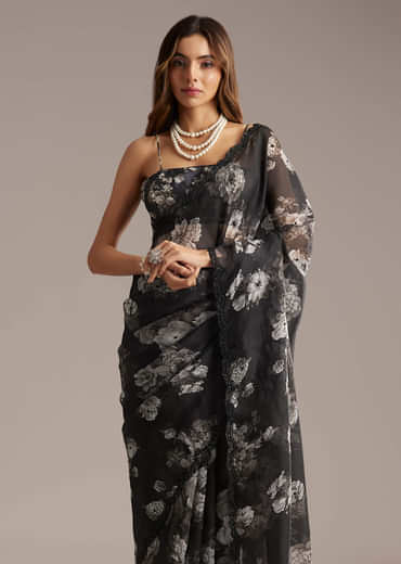 Black Organza Saree With Floral Print And Sequin Embroidery