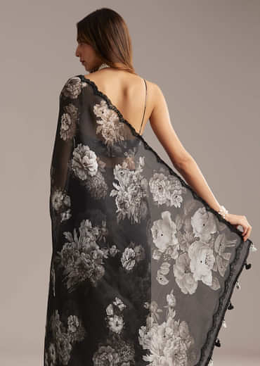 Black Organza Saree With Floral Print And Sequin Embroidery