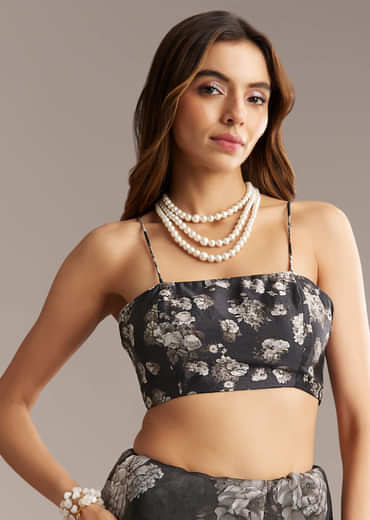 Black Organza Saree With Floral Print And Sequin Embroidery