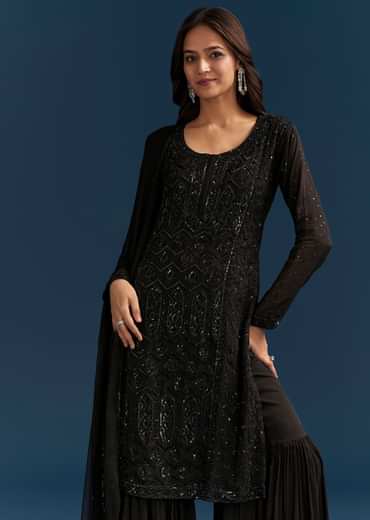 Black Pakistani Palazzo Suit With Sequins Embellished Kurta And Dupatta