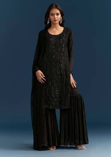 Black Pakistani Palazzo Suit With Sequins Embellished Kurta And Dupatta