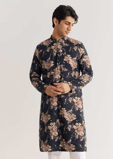 Black Pashmina Floral Kurta Set With Sequin And Beaded Embroidery