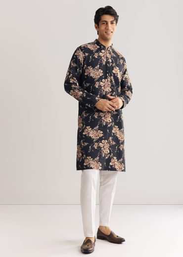 Black Pashmina Floral Kurta Set With Sequin And Beaded Embroidery