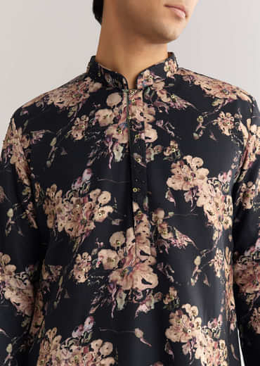 Black Pashmina Floral Kurta Set With Sequin And Beaded Embroidery